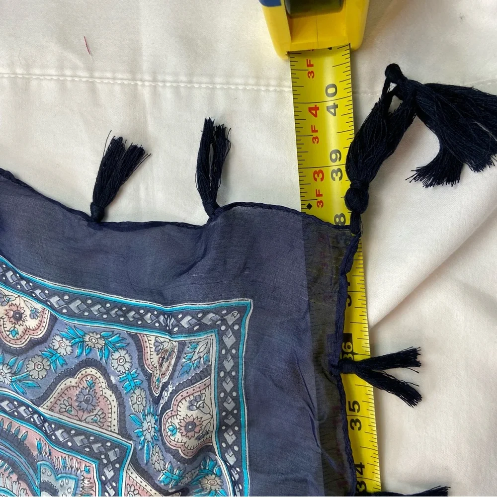 Lola + Kenni New Silk Scarf‎ Blue Paisley and Floral,  38” Square Tassles